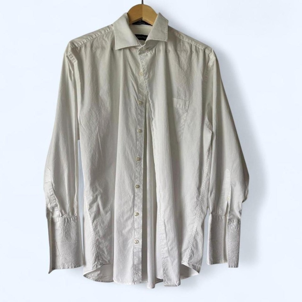 Nautica Men's Crisp White Dress Shirt Classic Point Collar Size 16.5 100% Cotton